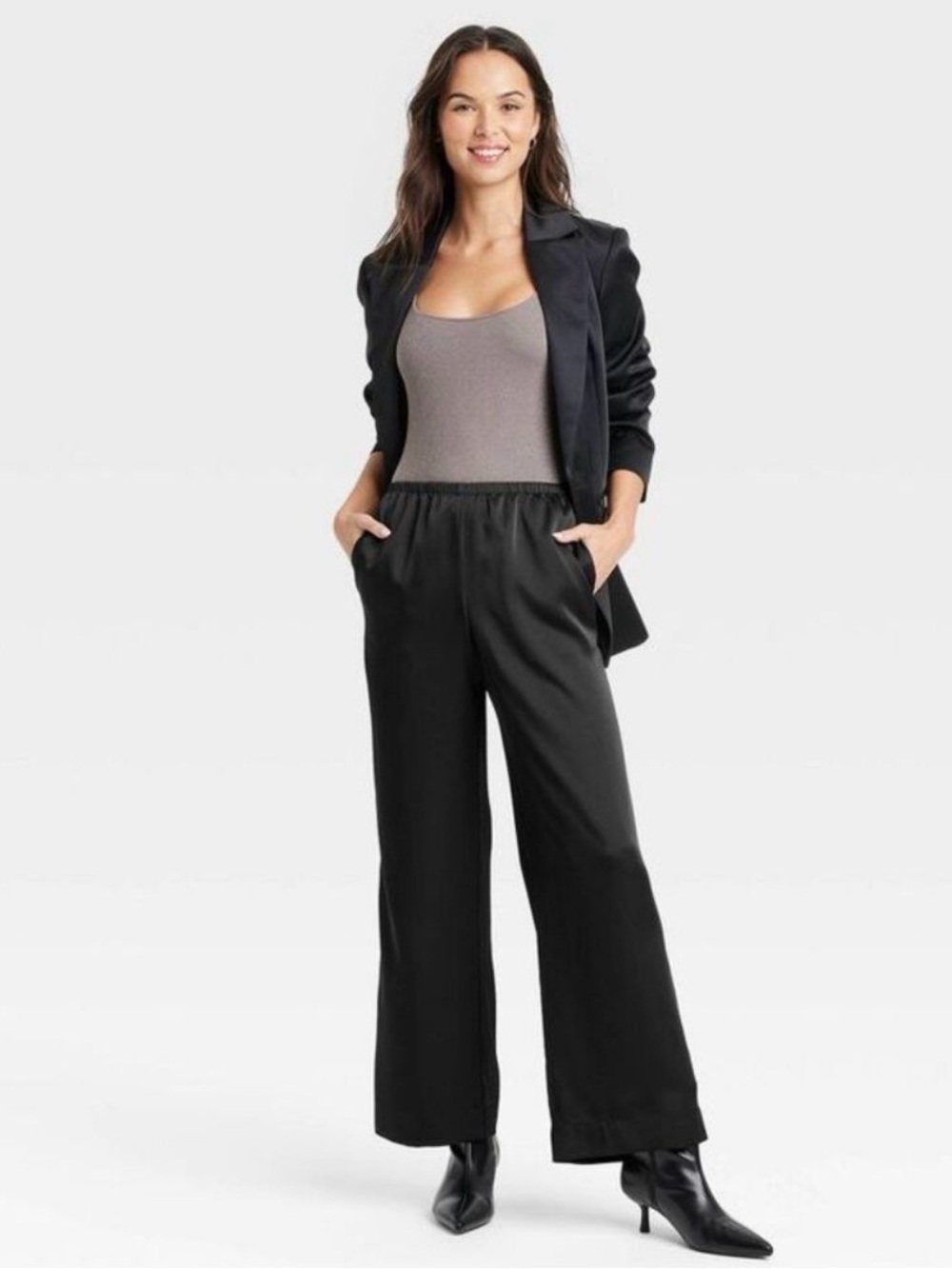 A New Day - Women's Mid-Rise Straight Leg Satin Pull-On Pants  Black